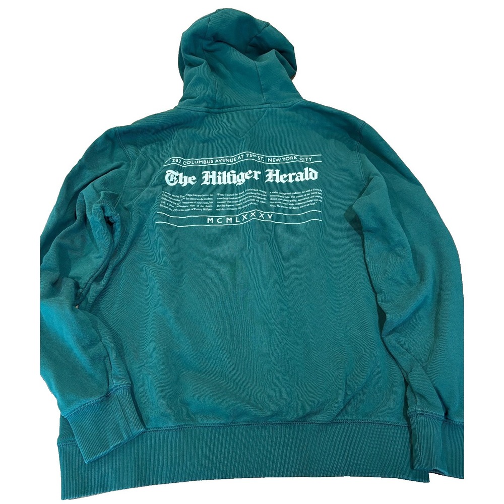 Vtg Tommy Hilfiger Herald‎ MCMLXXXV green Pullover Hoodie back graphic XXL mens